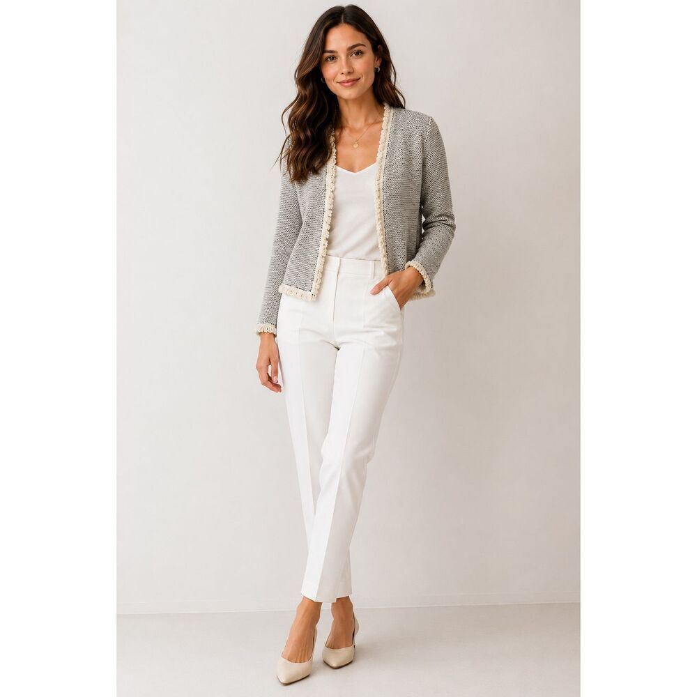 Bagatelle Collection Fringe Trim Tweed Open Front Cardigan Jacket Small